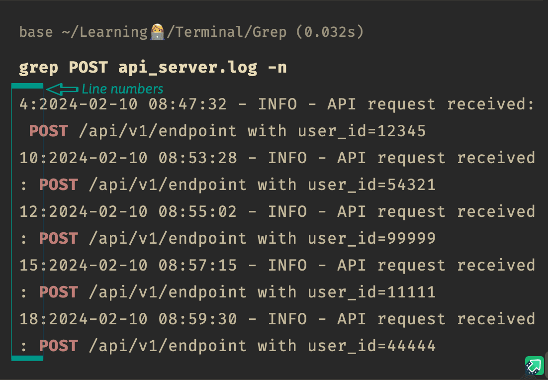 Grep search with line number